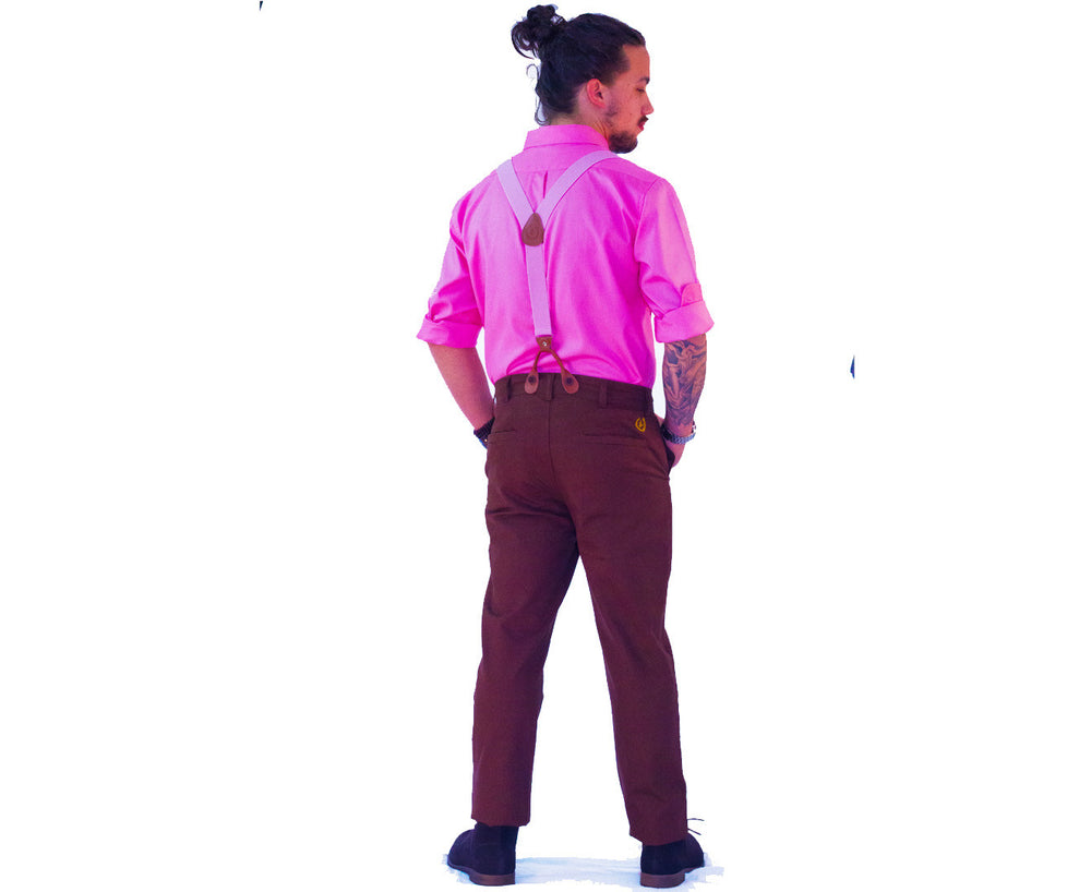 Suspenders & Pants | Dark Brown Pants | Flamingo Pink Suspenders